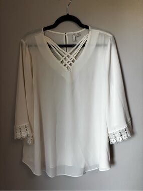 Cato Cream Crisscross V-Neck Blouse with Lace Cuffs